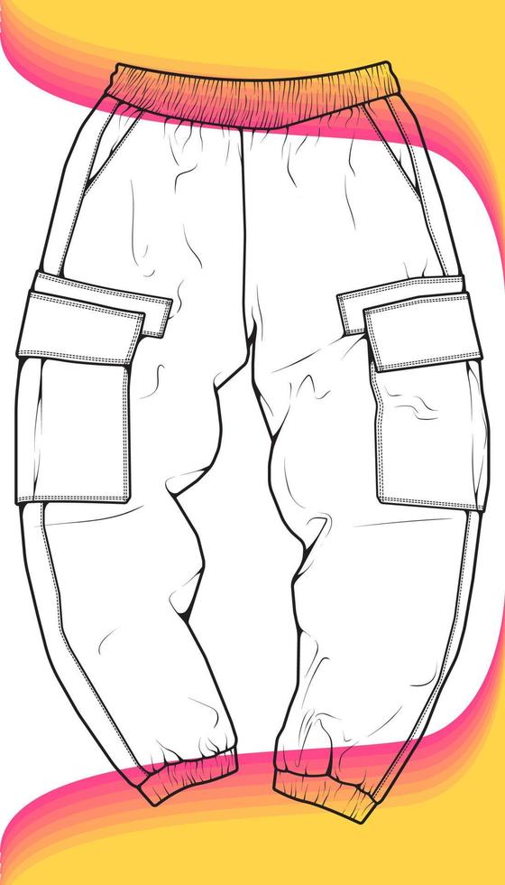 Men Cargo Pants outline  Vector Template, Men Cargo Pants in a sketch style, trainers template outline, vector Illustration.