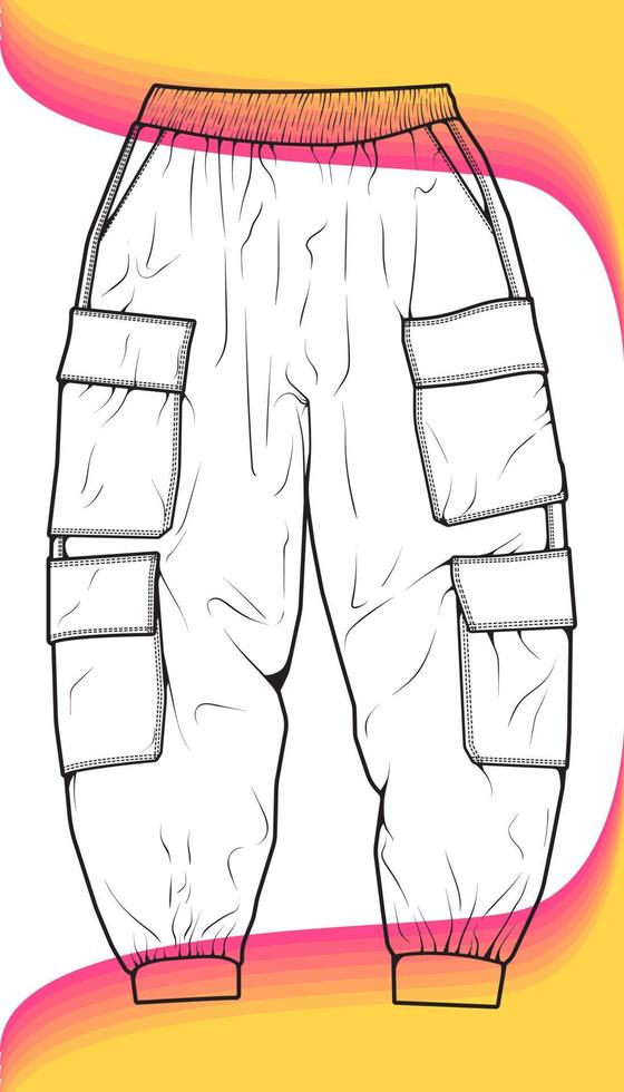 Men Cargo Pants outline  Vector Template, Men Cargo Pants in a sketch style, trainers template outline, vector Illustration.