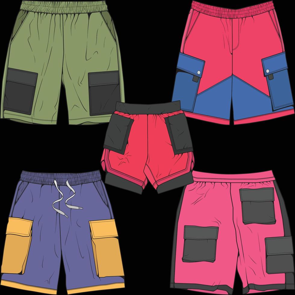 vector de dibujo de bloque de color de pantalones cortos, conjunto de pantalones cortos en un estilo de boceto, plantilla de entrenadores, ilustración vectorial.