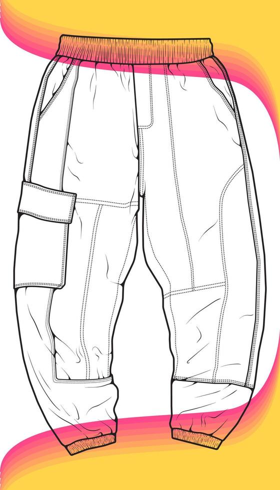 Men Cargo Pants outline  Vector Template, Men Cargo Pants in a sketch style, trainers template outline, vector Illustration.