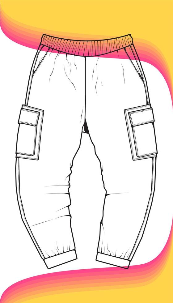 Men Cargo Pants outline  Vector Template, Men Cargo Pants in a sketch style, trainers template outline, vector Illustration.