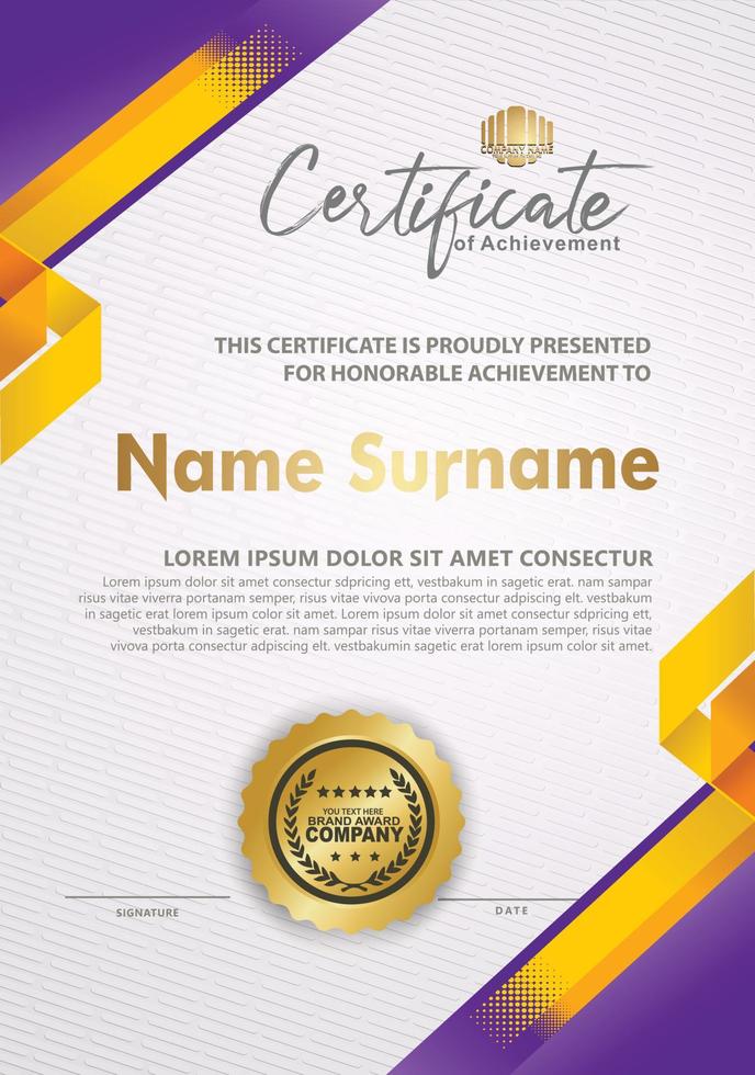 Certificate template with line halftone frame and modern pattern background, vector
