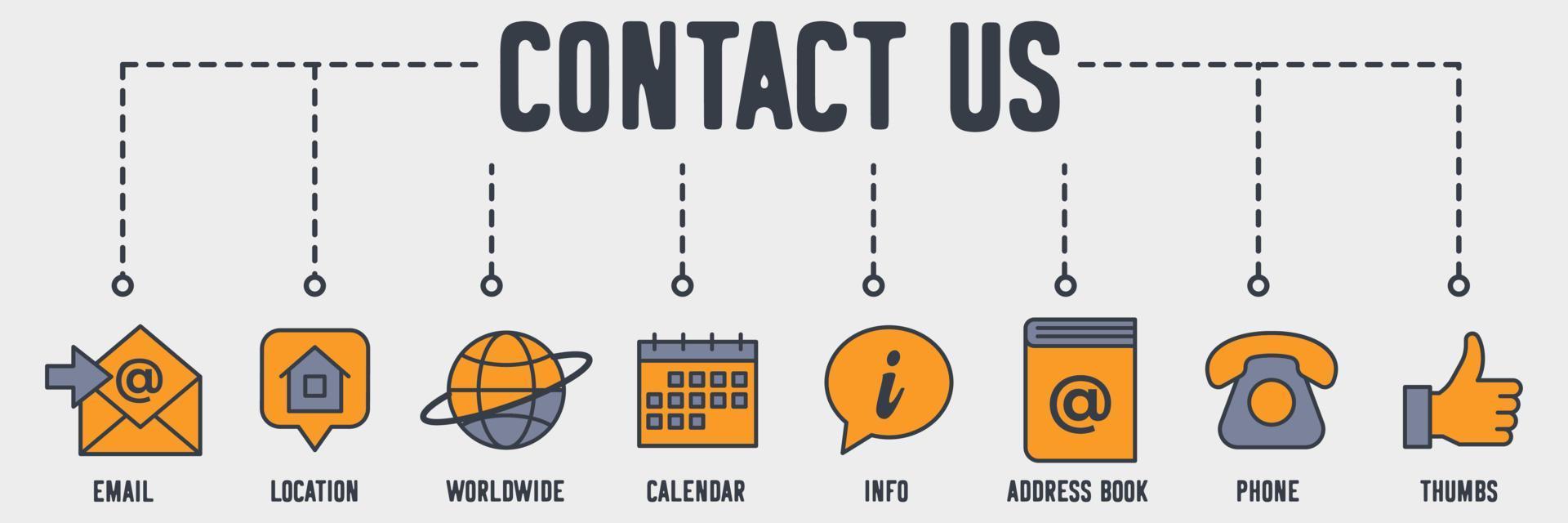 Contact Us banner web icon. email, location, worldwide, calendar, info, address book, phone, thumbs vector illustration concept.