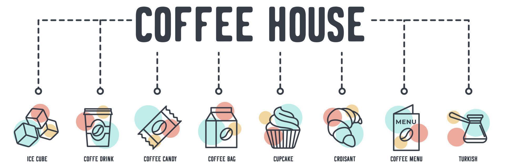 Coffee House banner web icon. ice cube, drink, candy, bag, cupcake, croissant, coffee menu, turkish vector illustration concept.