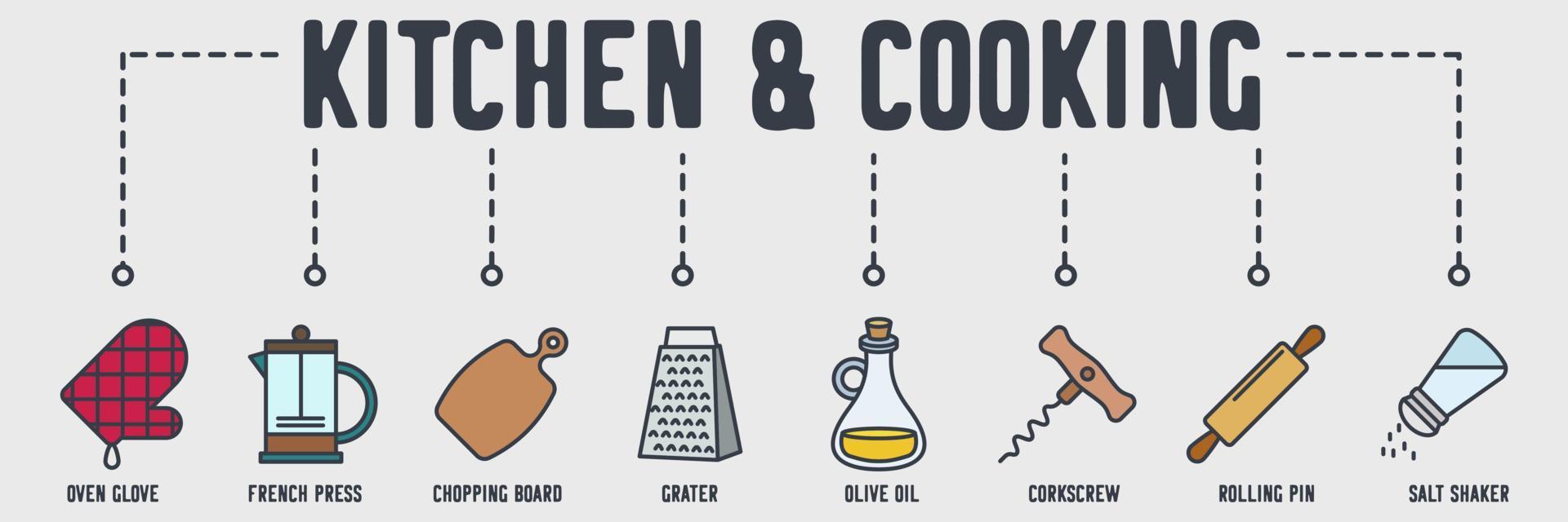 Kitchen and Cooking banner web icon. oven glove, french press, chopping  board, grater, olive oil, corkscrew, rolling pin, salt shaker vector  illustration concept. 8687378 Vector Art at Vecteezy