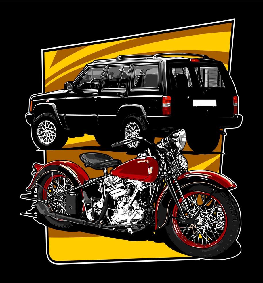 retro bike and black suv vector