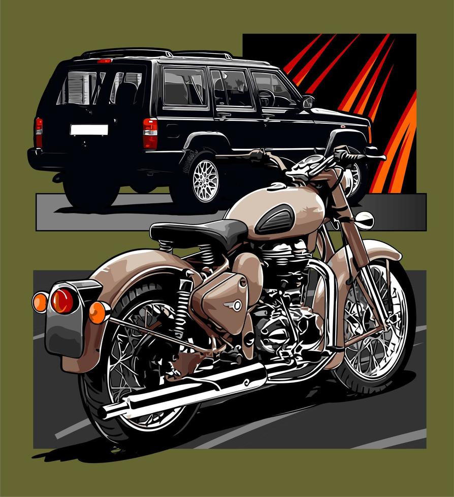 vintage motorbike and suv vector