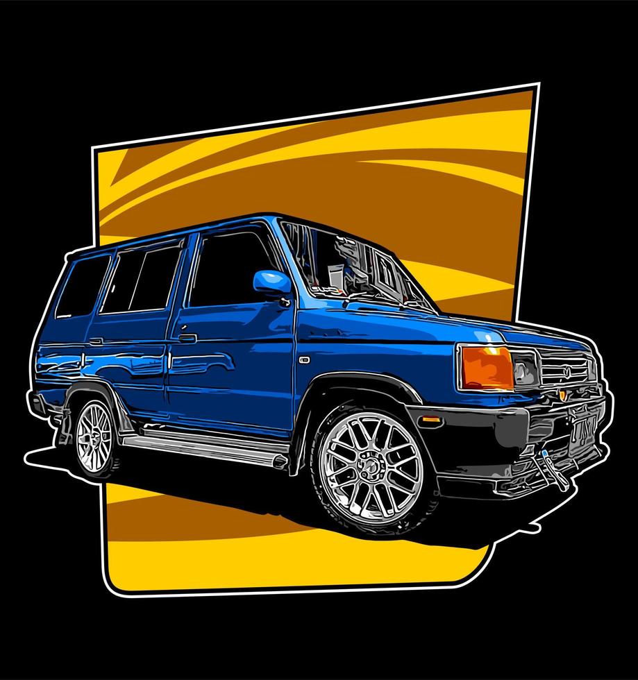 una furgoneta azul sobre un fondo amarillo vector