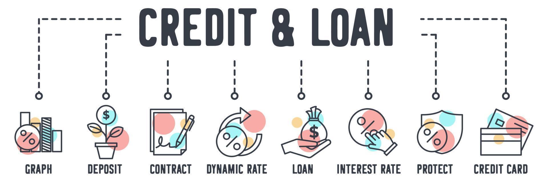 icono de web de banner de crédito y préstamo. gráfico de hipoteca, depósito, contrato de firma, tasa dinámica, tasa de interés, préstamo, tasa de protección, concepto de ilustración de vector de tarjeta de crédito.