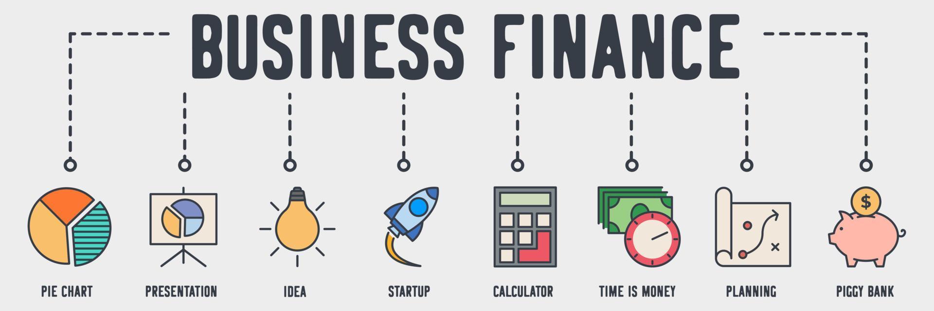 Business And Finance banner web icon. pie chart, presentation, idea, startup, calculator, time is money, planning, piggy bank vector illustration concept.