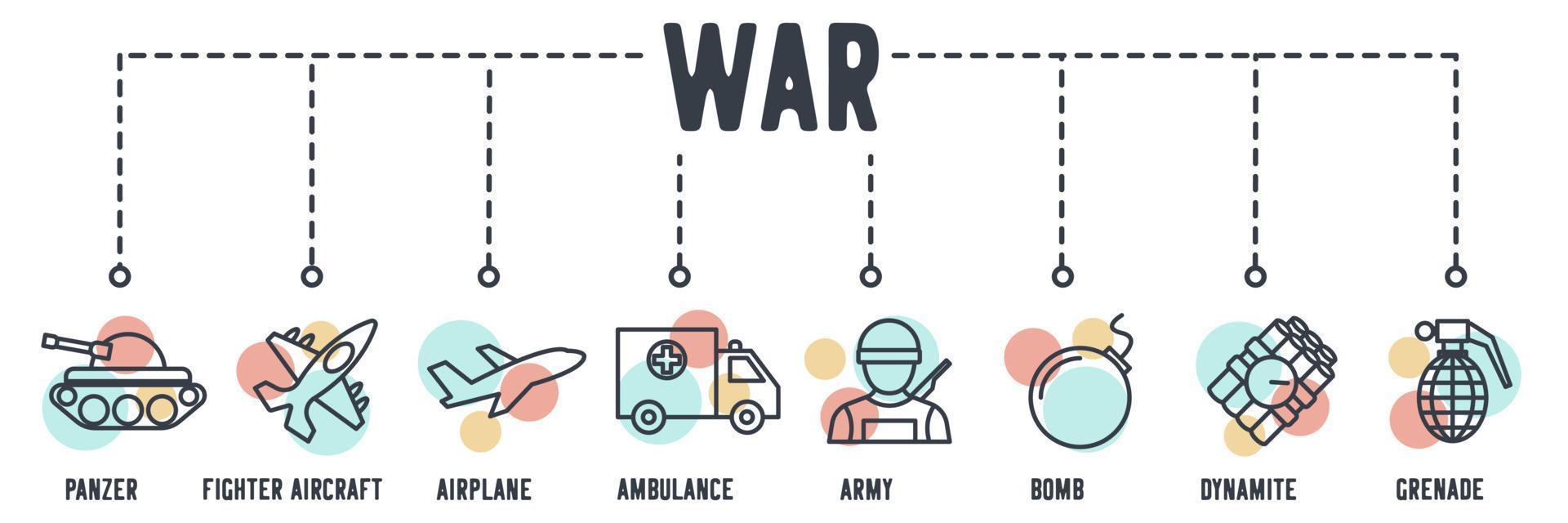 conjunto de iconos web de banner del ejército. panzer, avión de combate, avión, ambulancia, ejército, bomba, dinamita, concepto de ilustración vectorial de granadas. vector