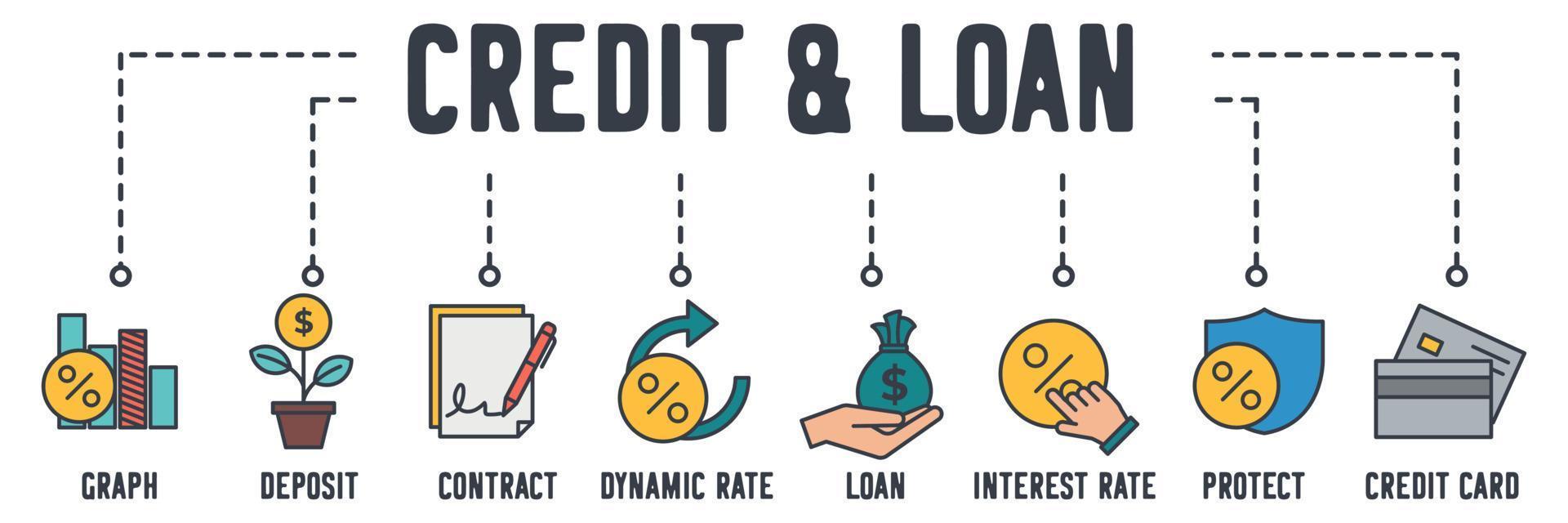 Credit and Loan banner web icon. mortgage graph, deposit, sign contract, dynamic rate, interest rate, loan, protect rate, credit card vector illustration concept.