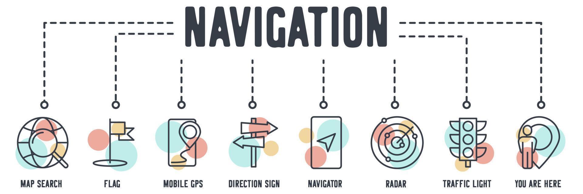 Navigation banner web icon. map search, flag, mobile gps, direction sign, navigator, radar, traffic light, you are here vector illustration concept.