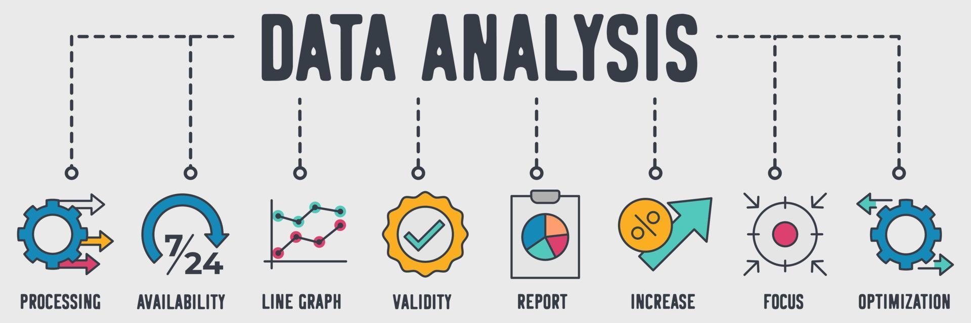 Data analysis banner web icon. processing, availability, line graph, validity, report, increase, focus, optimization vector illustration concept.