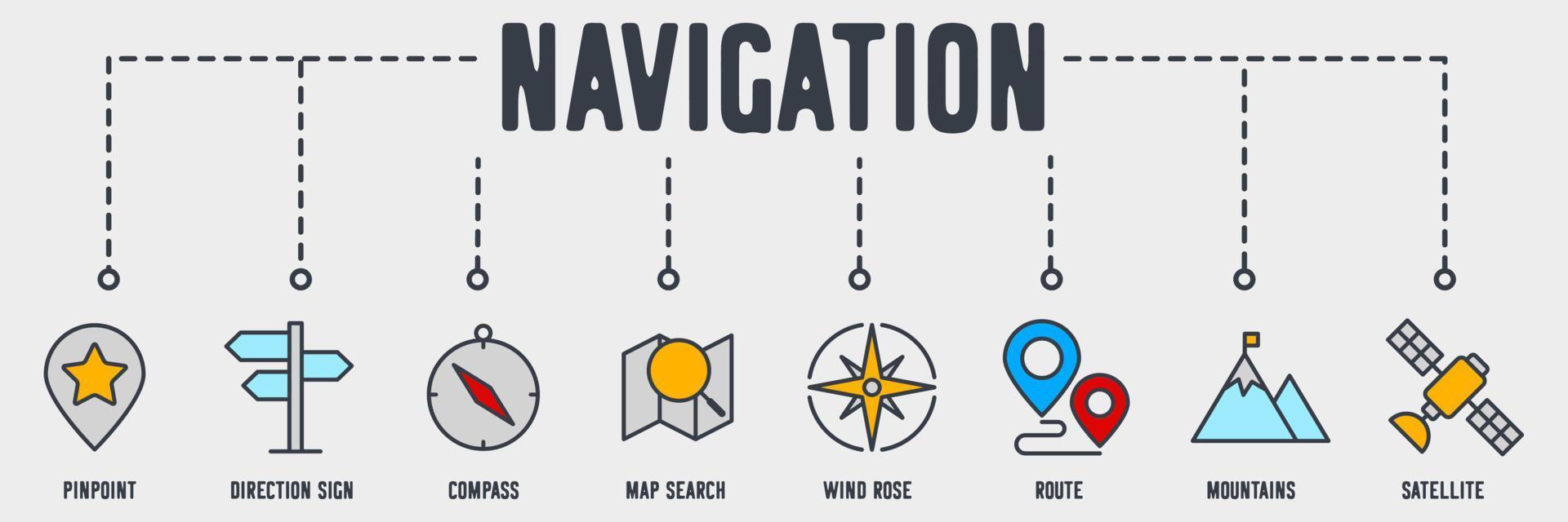 Ubicación del mapa e icono de la web del banner de navegación. señalar, señal de dirección, brújula, búsqueda de mapa, rosa de los vientos, ruta, montañas, concepto de ilustración de vector de satélite.