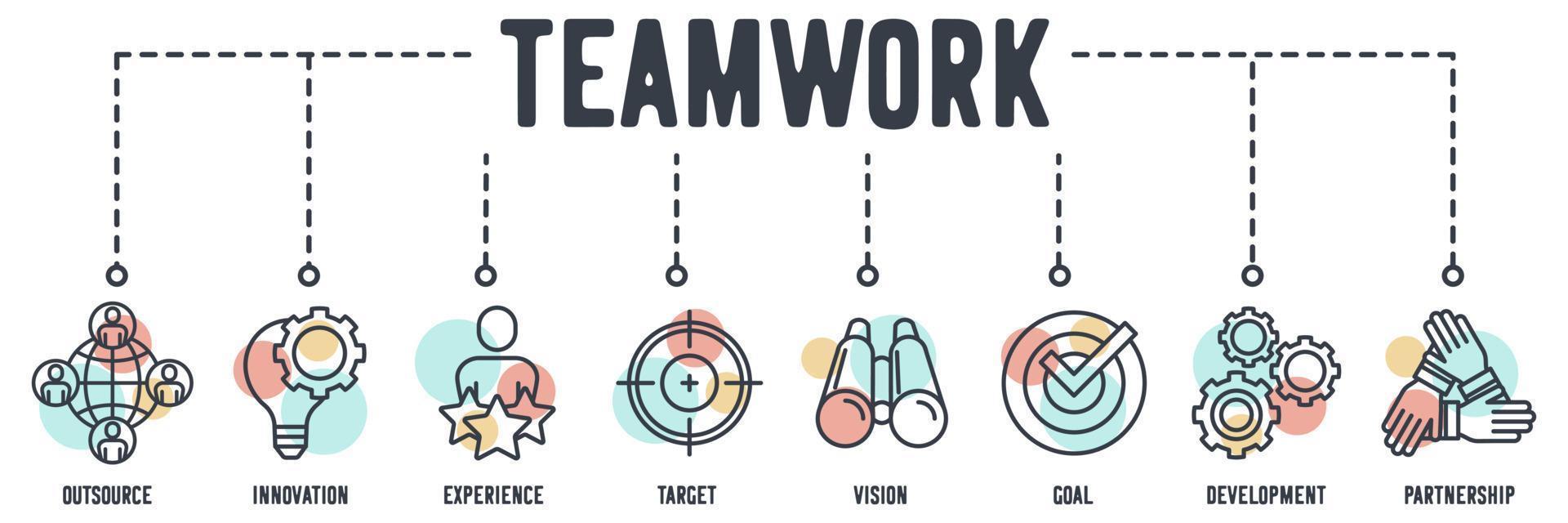 Team Work banner web icon. outsource, innovation, experience, target, vision, goal, development, partnership vector illustration concept.