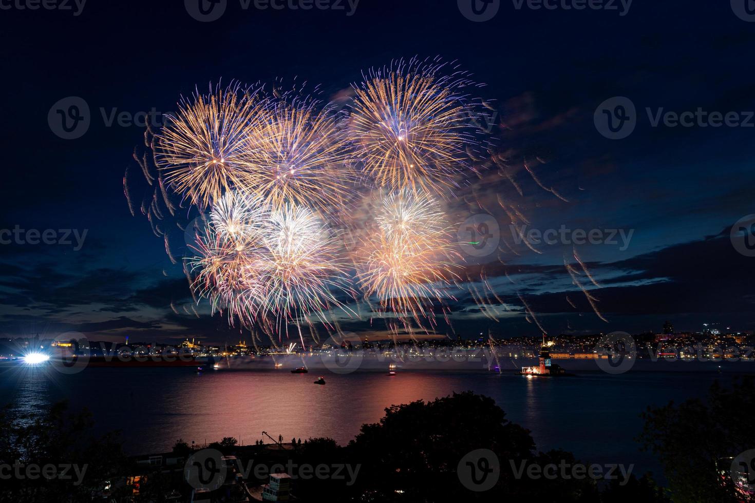 Fireworks over Bosphorus Strait, Istanbul, Turkey photo