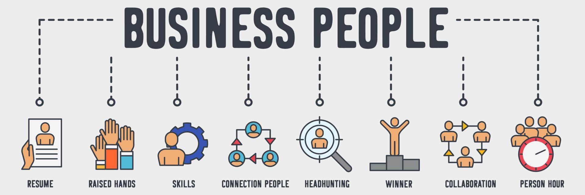 Business People banner web icon. resume, raised hands, skills, connection people, headhunting, winner, collaboration, person hour vector illustration concept.