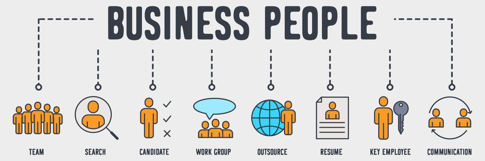 Business People banner web icon. team, search, candidate, work group, outsource, resume, key employee, communication vector illustration concept.