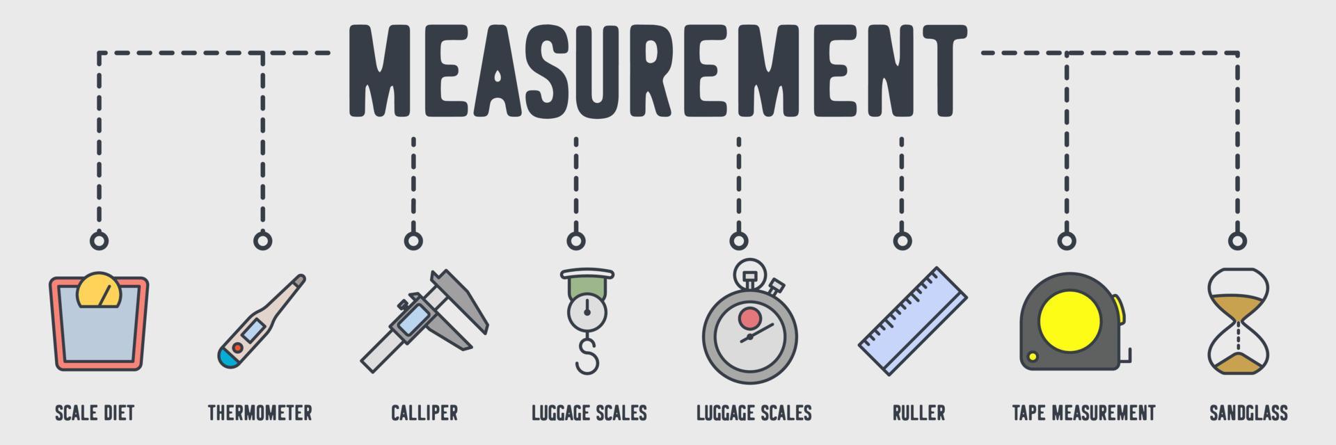 measuring banner web icon. scale diet, thermometer, calliper, luggage