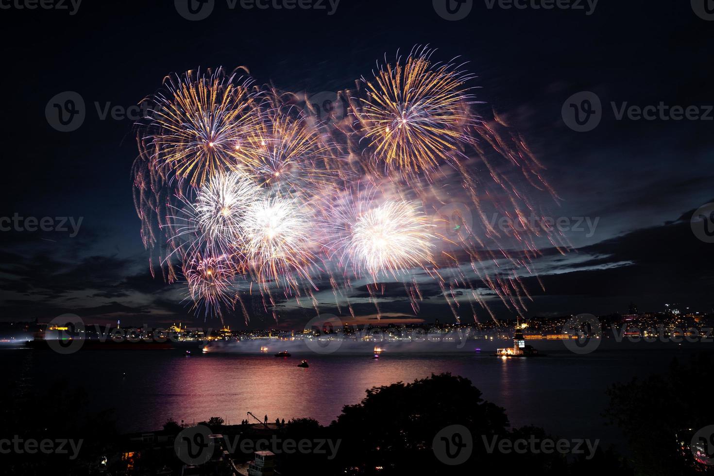 Fireworks over Bosphorus Strait, Istanbul, Turkey photo