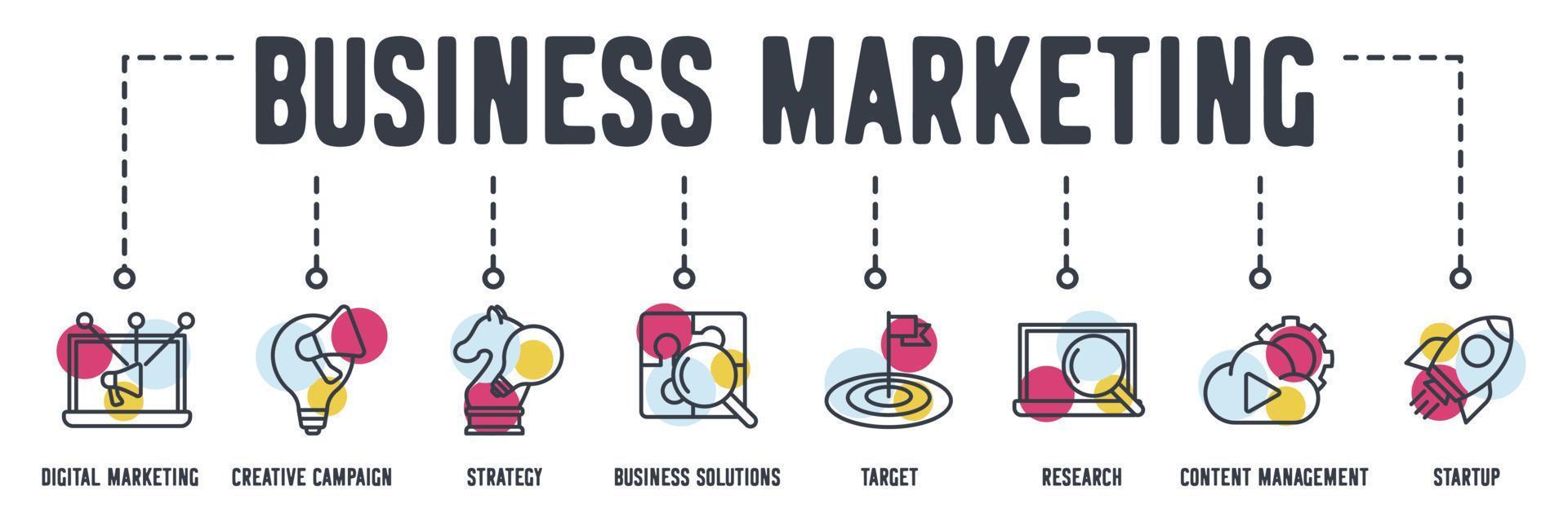 Business marketing web icon. digital marketing, creative campaign, strategy, business solutions, target, research, content management, startup rocket vector illustration concept.