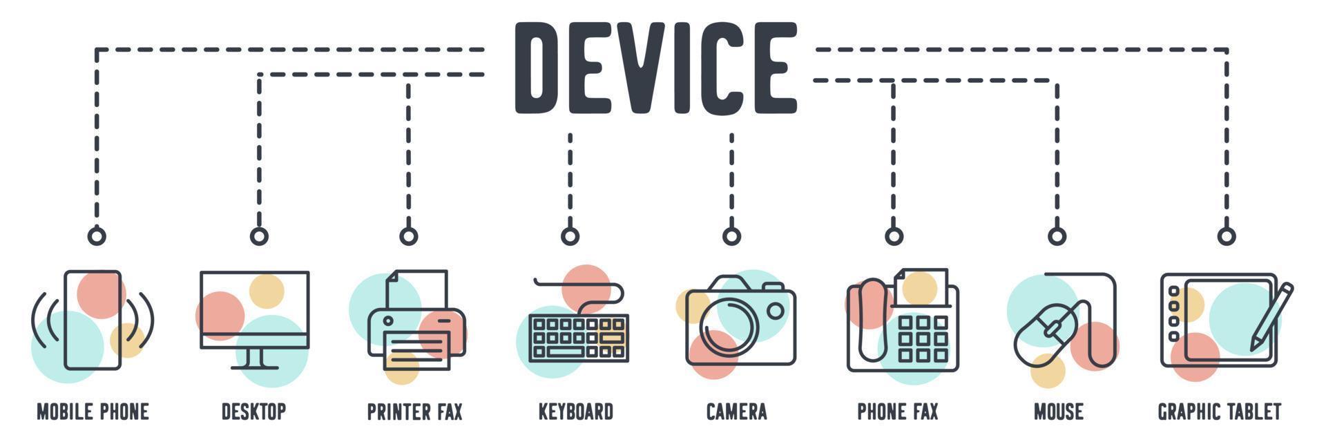 icono de la web del dispositivo de tecnología. teléfono móvil, escritorio, fax de impresora, teclado, cámara, fax de teléfono, mouse, concepto de ilustración de vector de tableta gráfica.