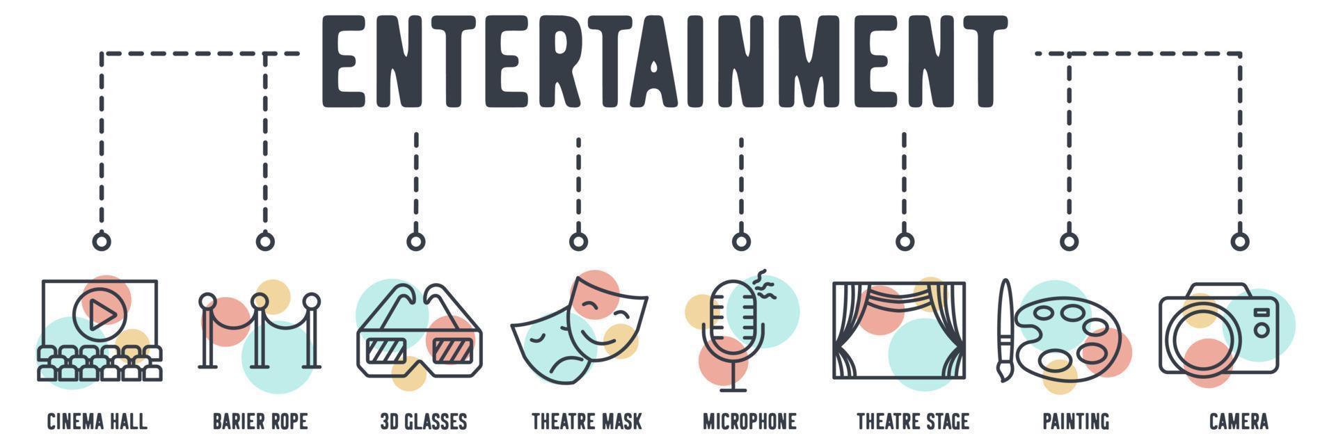 Cinema Entertainment banner web icon. cinema hall, barrier rope, 3d glasses, theatre mask, microphone, theatre stage, painting, camera vector illustration concept.