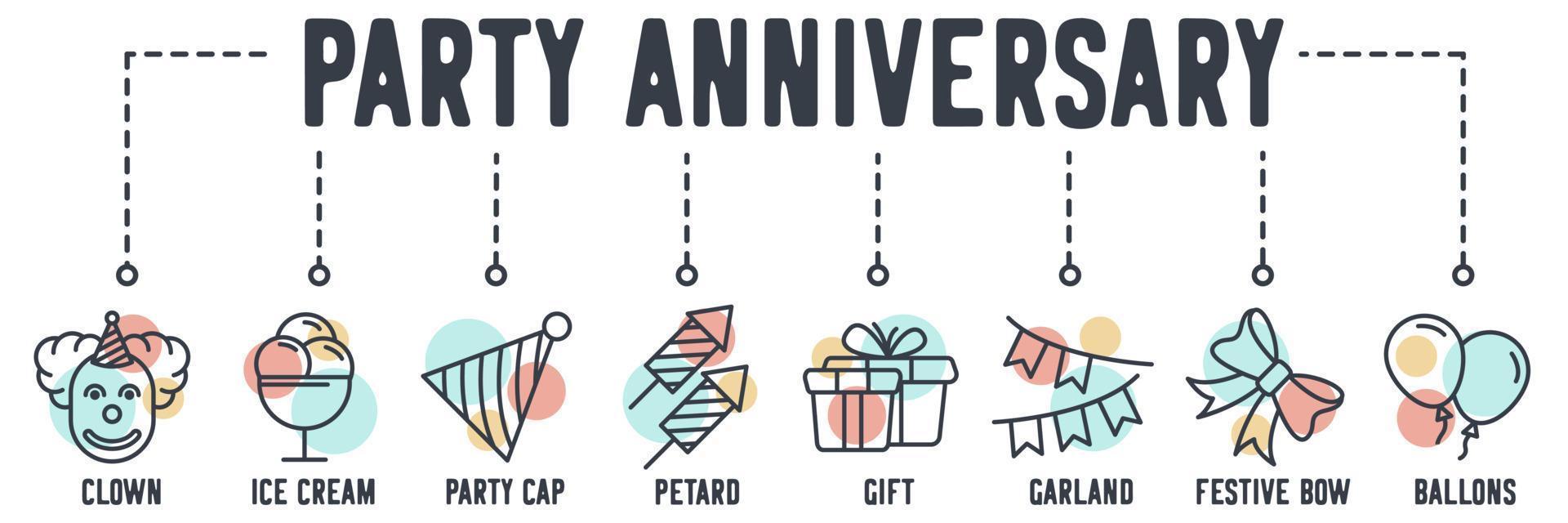 Party Anniversary banner web icon. clown, ice cream, party cap, petard, gift, garland, festive bow, ballons vector illustration concept.