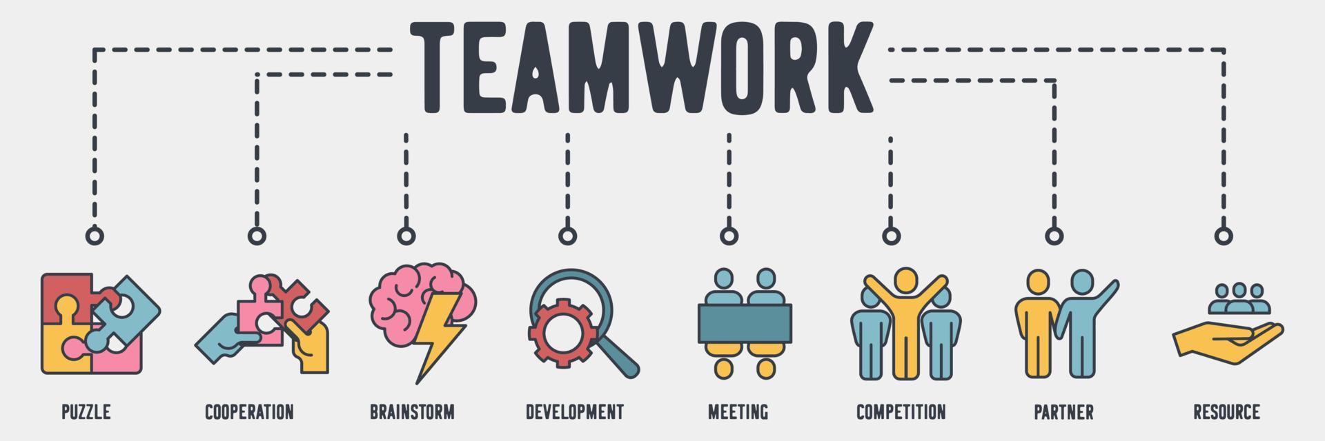 Teamwork banner web icon. puzzle teamwork, cooperation, brainstorm, development, meeting, competition, partner, human resource vector illustration concept.