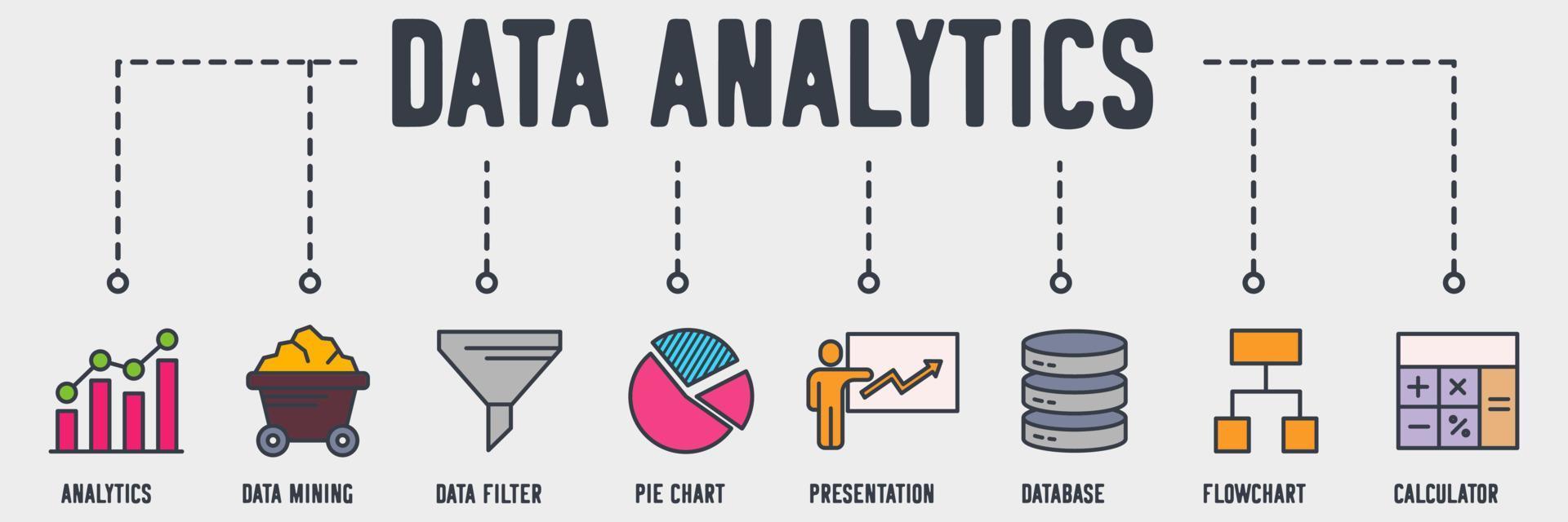 icono de web de banner de análisis de datos. análisis, minería de datos, filtro de datos, gráfico circular, presentación, base de datos, diagrama de flujo, concepto de ilustración de vector de calculadora.