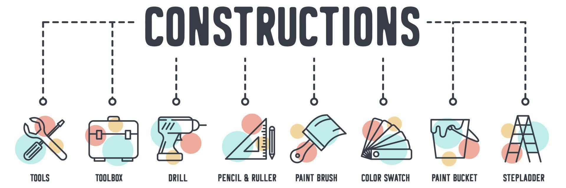 icono de web de banner de construcción. herramientas, caja de herramientas, taladro, regla de lápiz, pincel, muestra de color, cubo de pintura, concepto de ilustración de vector de escalera.