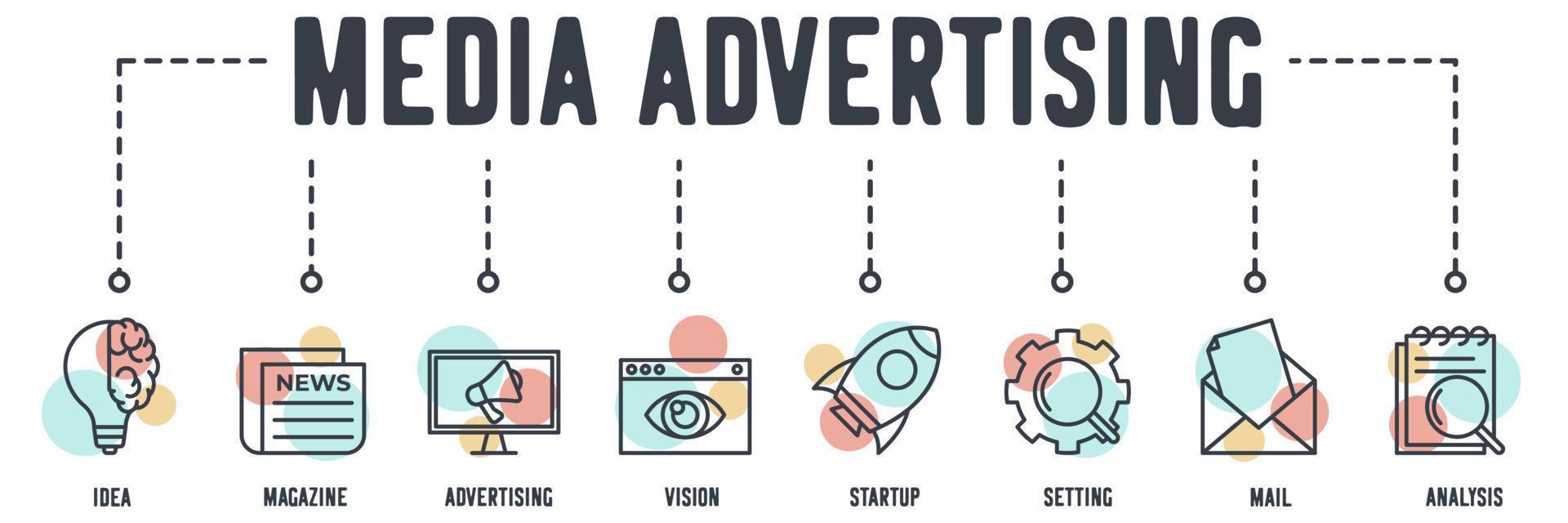 Media Advertising banner web icon. idea, magazine, advertising, vision, rocket startup, setting, mail, analysis vector illustration concept.