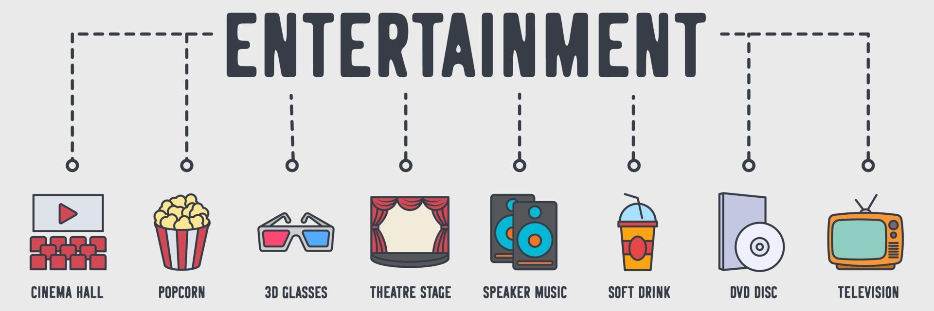 Cinema entertainment banner web icon. cinema hall, popcorn, 3d glasses, theatre stage, speaker music, soft drink, dvd disc, television vector illustration concept.