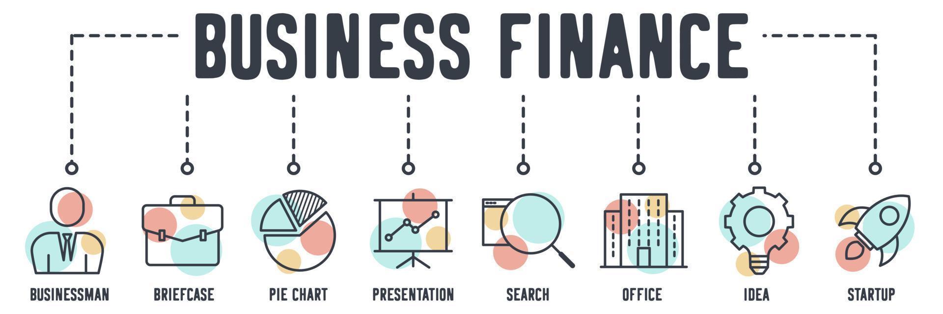 Business Finance banner web icon. businessman, briefcase, pie chart, presentation, search, office, idea, startup vector illustration concept.