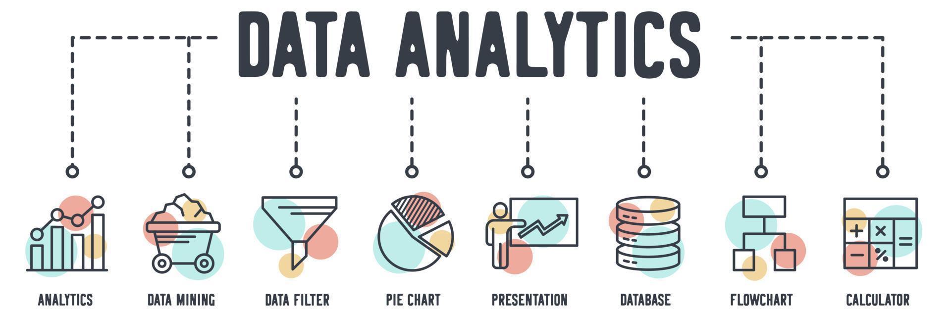 icono de web de banner de análisis de datos. análisis, minería de datos, filtro de datos, gráfico circular, presentación, base de datos, diagrama de flujo, concepto de ilustración de vector de calculadora.