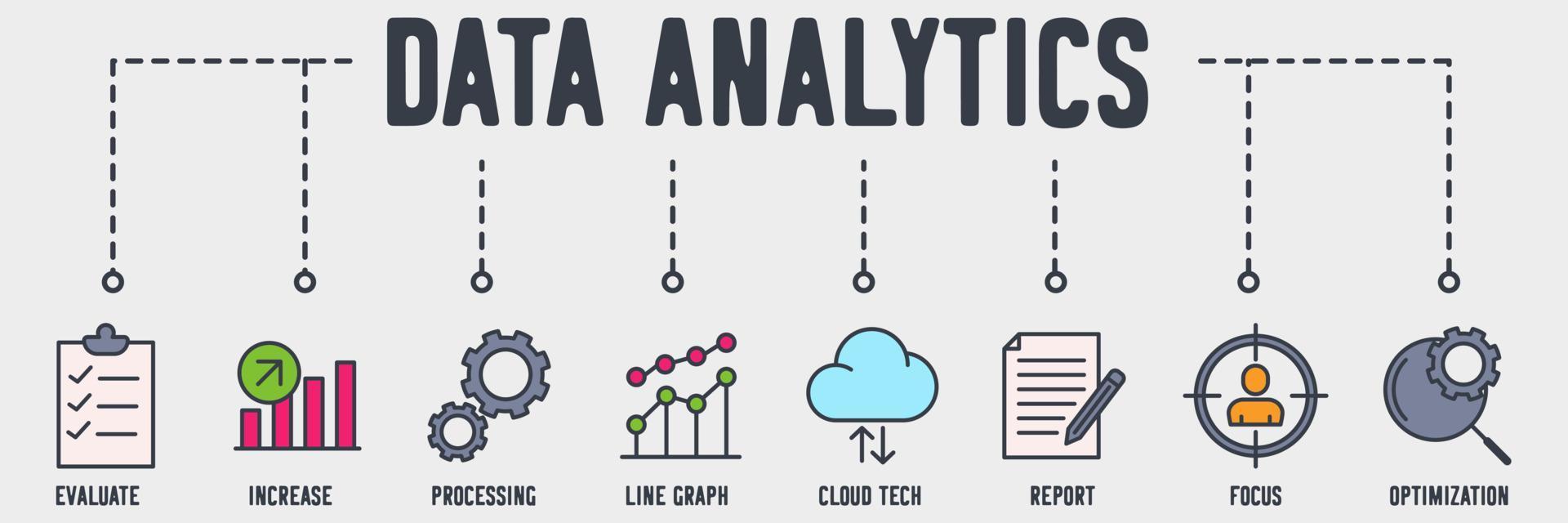 icono de web de banner de análisis de datos. evaluar, aumentar, procesar, gráfico de líneas, tecnología en la nube, informe, enfoque, concepto de ilustración vectorial de optimización. vector