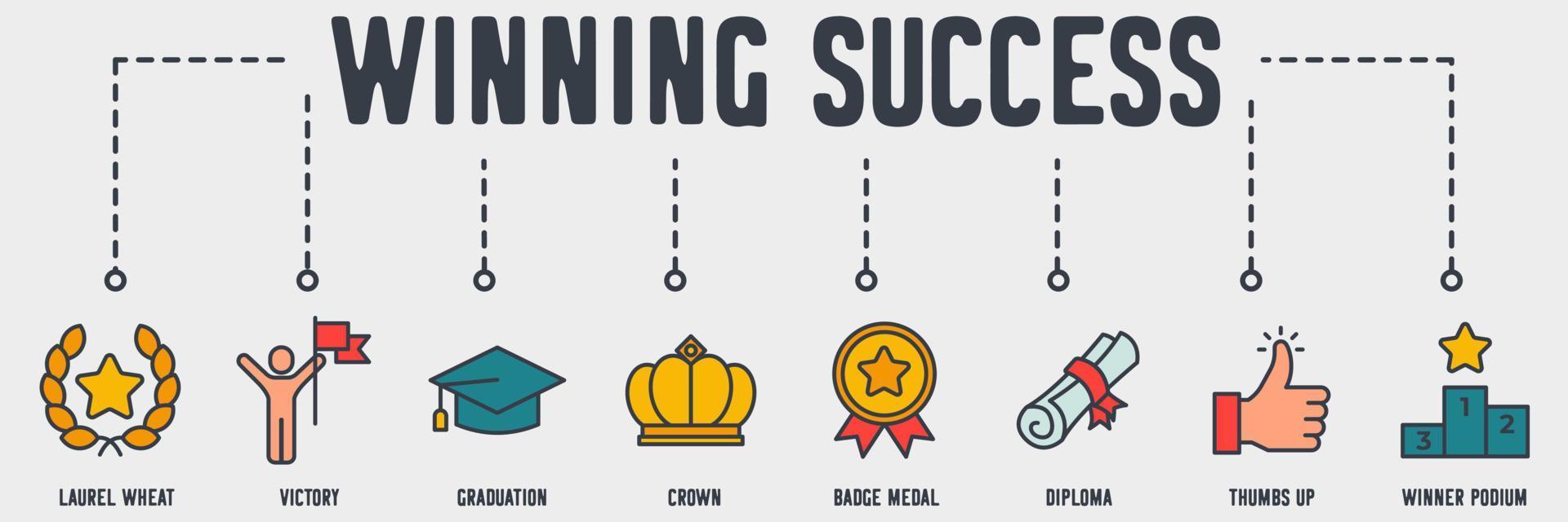 Winning Success web icon. laurel wheat, victory, graduation, crown, badge medal, diploma, thumbs up, winner podium vector illustration concept.