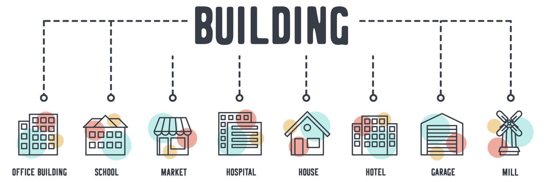 icono de la web de construcción. mensaje, edificio de oficinas, escuela, mercado, hospital, casa, hotel, garaje, concepto de ilustración de vector de molino de viento.