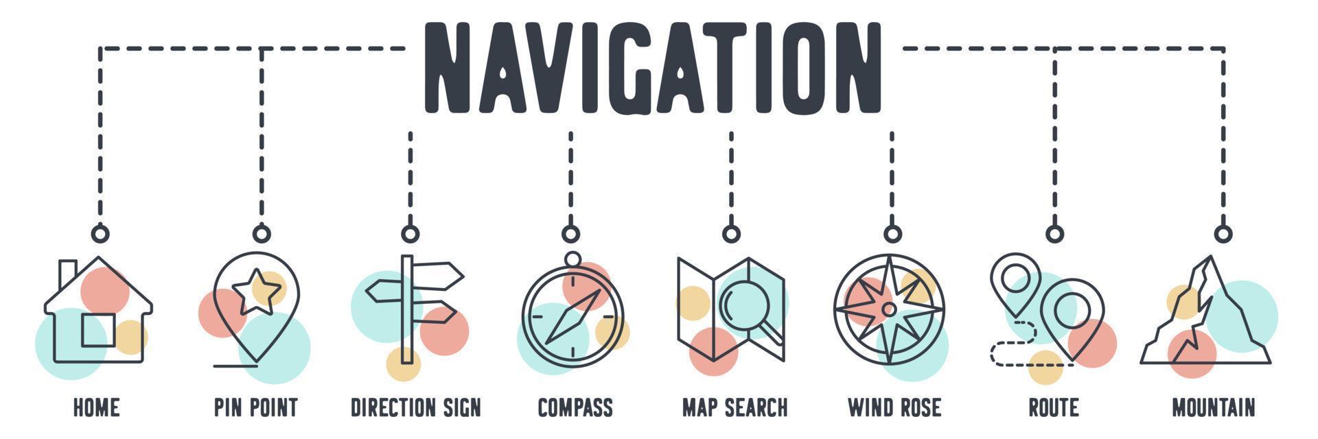 Navigation banner web icon. home, pin point, direction sign, compass, map search, wind rose, route, mountain vector illustration concept.
