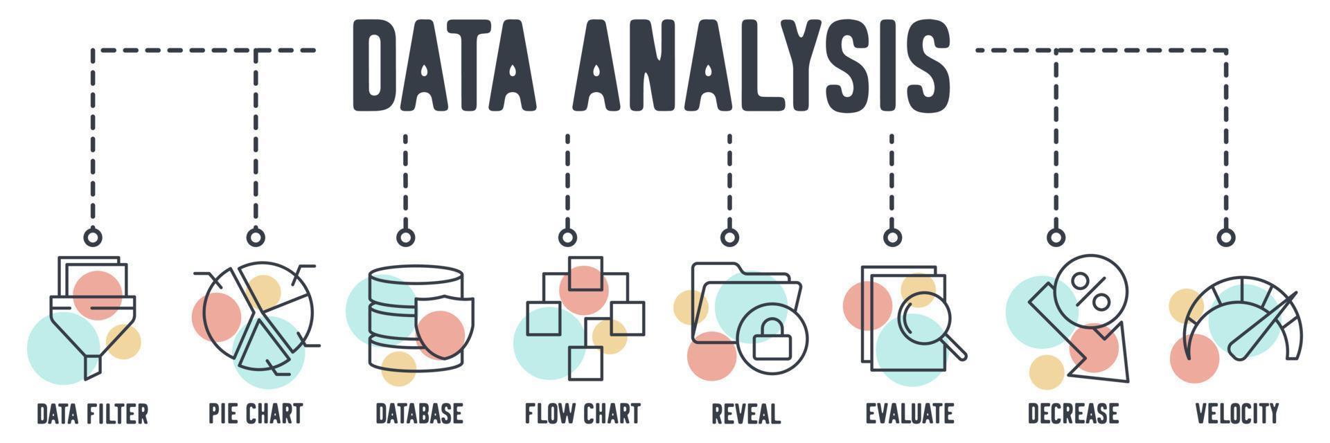 Data analysis banner web icon. data filter, pie chart, database, flow chart, reveal, evaluate, decrease, velocity vector illustration concept.