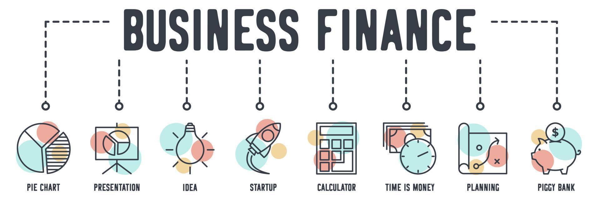 Business And Finance banner web icon. pie chart, presentation, idea, startup, calculator, time is money, planning, piggy bank vector illustration concept.