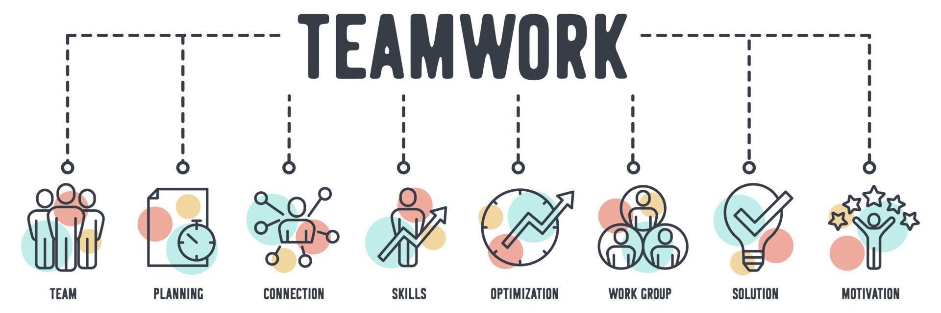 Team Work banner web icon. team, planning, connection, skills, optimization, work group, solution, motivation vector illustration concept.