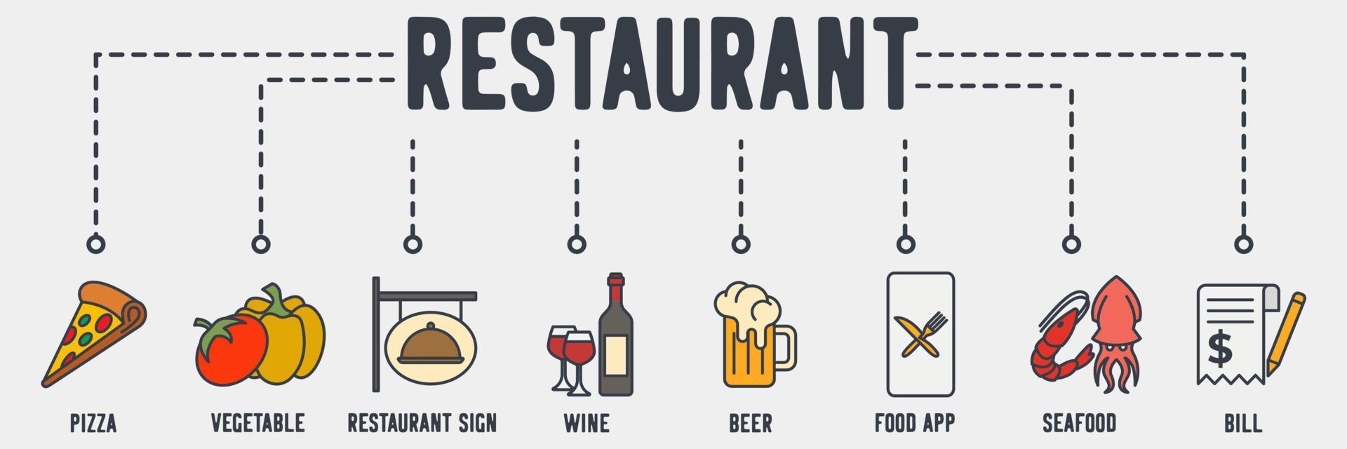 icono de web de banner de restaurante. pizza, verdura, letrero de restaurante, vino, cerveza, aplicación de comida, mariscos, concepto de ilustración de vector de factura.