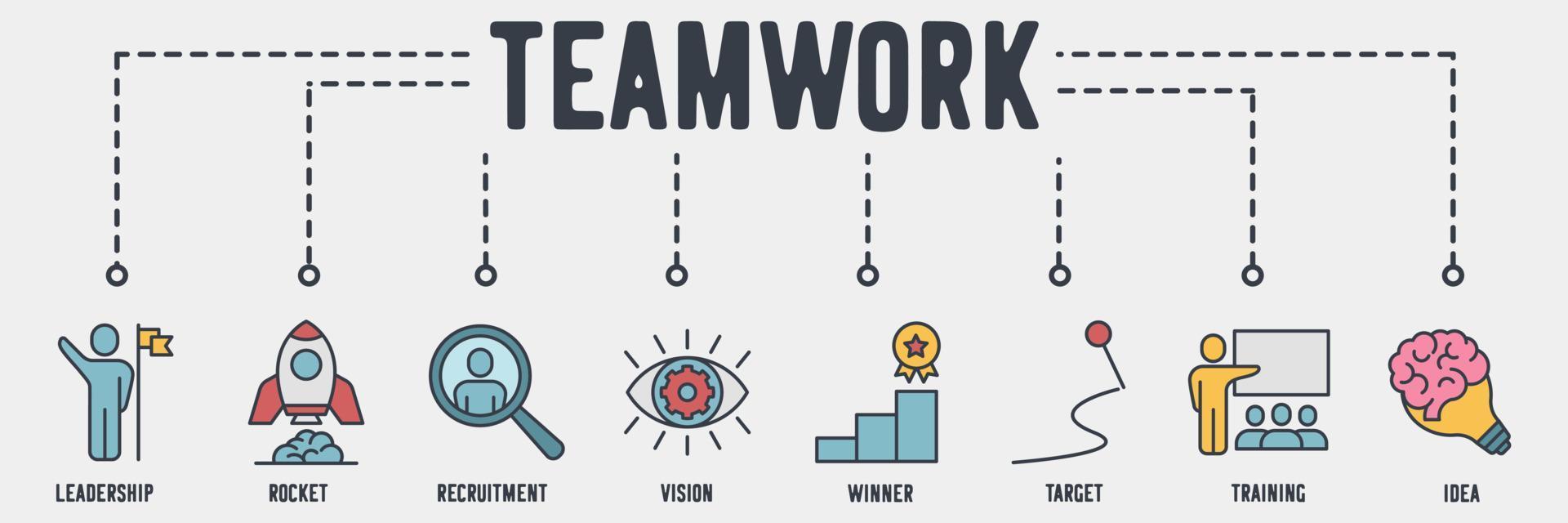 icono de web de banner de trabajo en equipo. liderazgo, cohete de misión, reclutamiento, visión, ganador, objetivo, entrenamiento, concepto de ilustración de vector de idea.