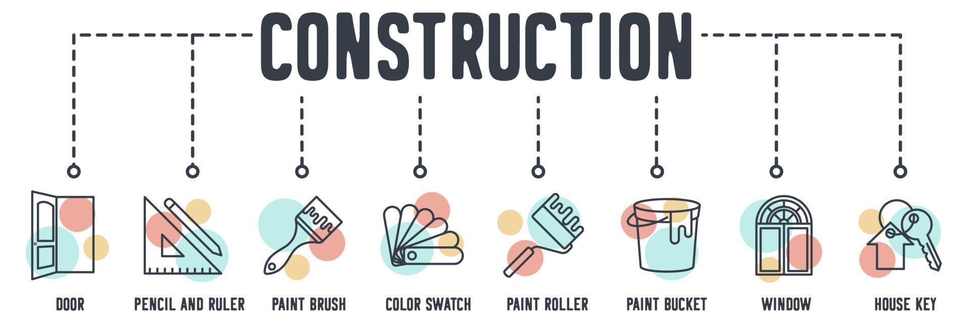 Construction banner web icon. door, pencil and ruler, paint brush, color swatch, paint roller, paint bucket, window, house key vector illustration concept.