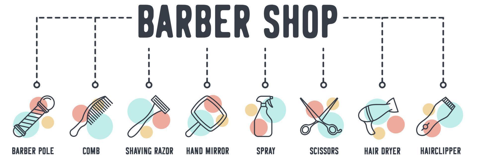 Barber Shop web icon. comb, shaving razor, hand mirror, spray, scissors, hair dryer, hair clipper vector illustration concept.