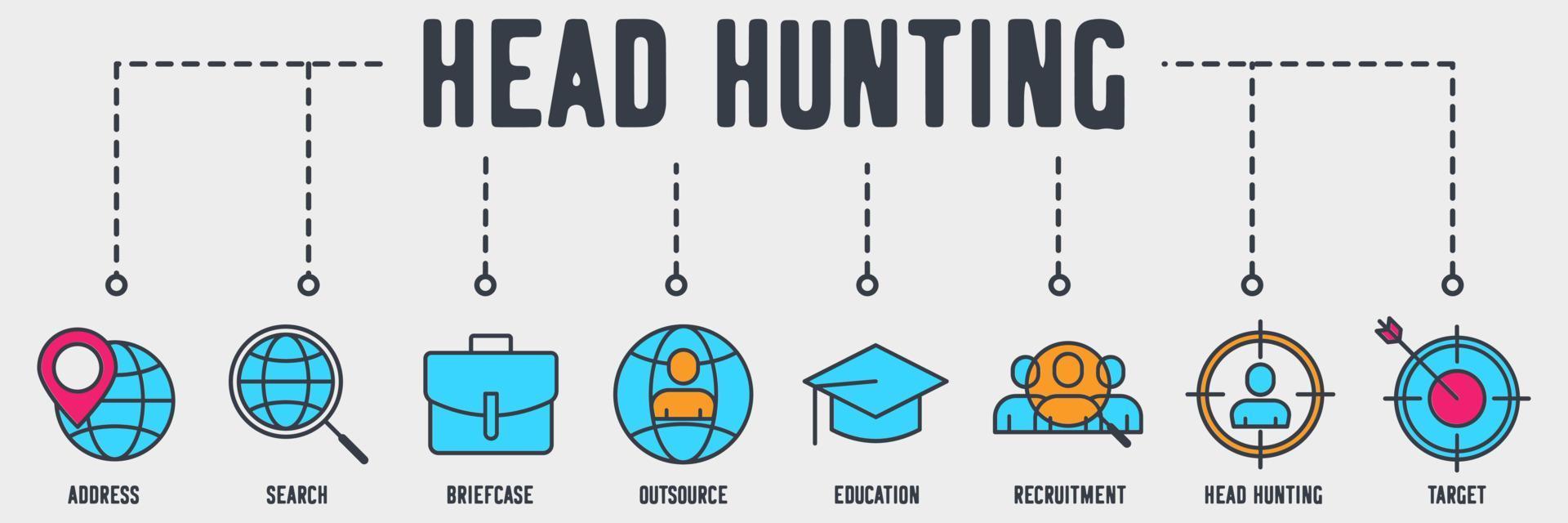 icono web de banner de caza de cabezas. dirección, búsqueda, maletín, subcontratación, educación, reclutamiento, caza de cabezas, concepto de ilustración de vector objetivo.