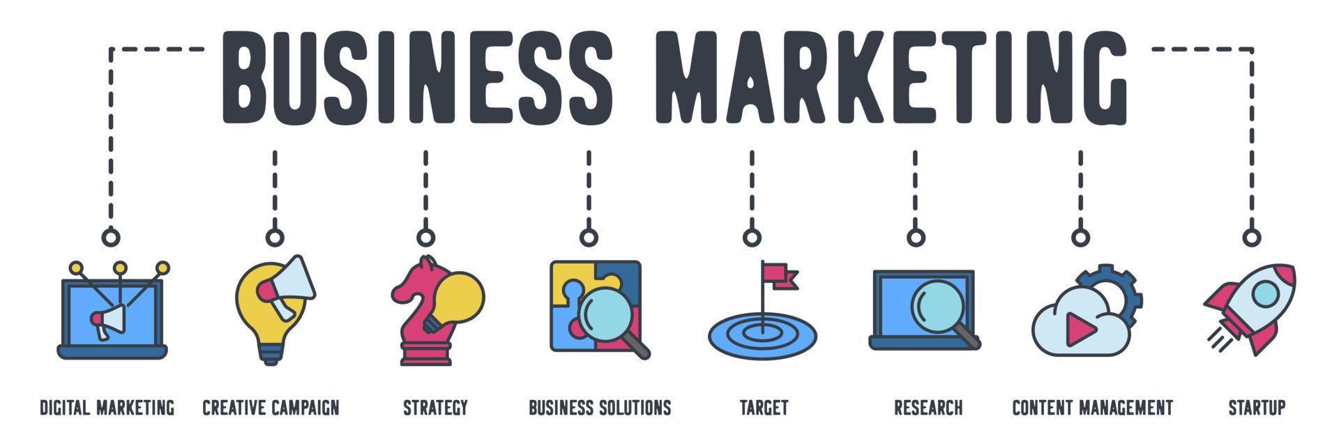 Business marketing web icon. digital marketing, creative campaign, strategy, business solutions, target, research, content management, startup rocket vector illustration concept.