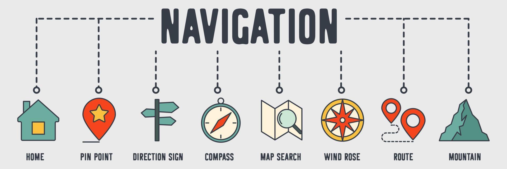 Navigation banner web icon. home, pin point, direction sign, compass, map search, wind rose, route, mountain vector illustration concept.